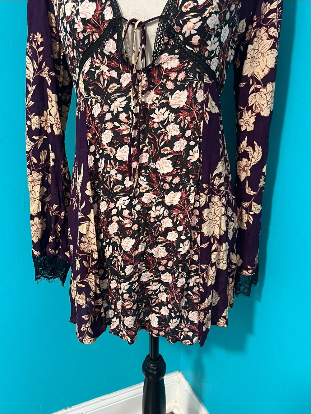 Free People S Odette Purple Floral Printed Long Sleeve Tunic Top